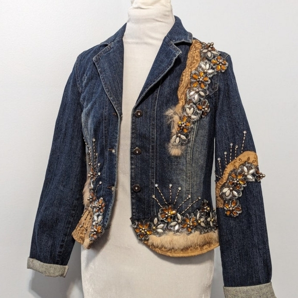 Embellished Denim Jacket by WEST 36th with Fox Fur Trim, Beaded Rhinestone - Picture 2 of 12